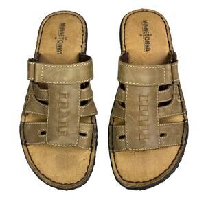 Minnetonka Brown Leather Slip On Sandals Hook & Loop Closure Comfort